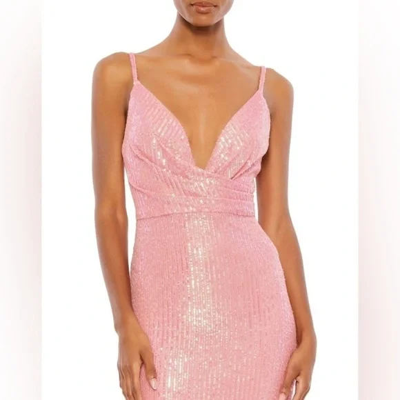 Ieena for Mac Duggal 26945 Barbie Pink Plunging Neckline Sequin Dress sz 0 - Picture 2 of 11